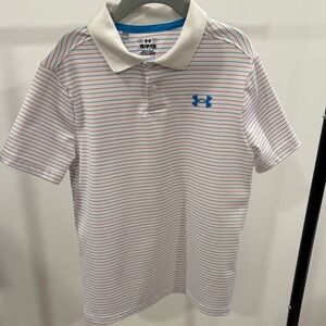 Under Armour Kids Polo Shirt - White Blue Red Stripes Size S